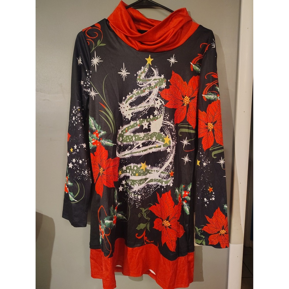Womens Christmas Tree Poinsettia Cowl Neck Long Sleeve Tunic Dress Black Red M
